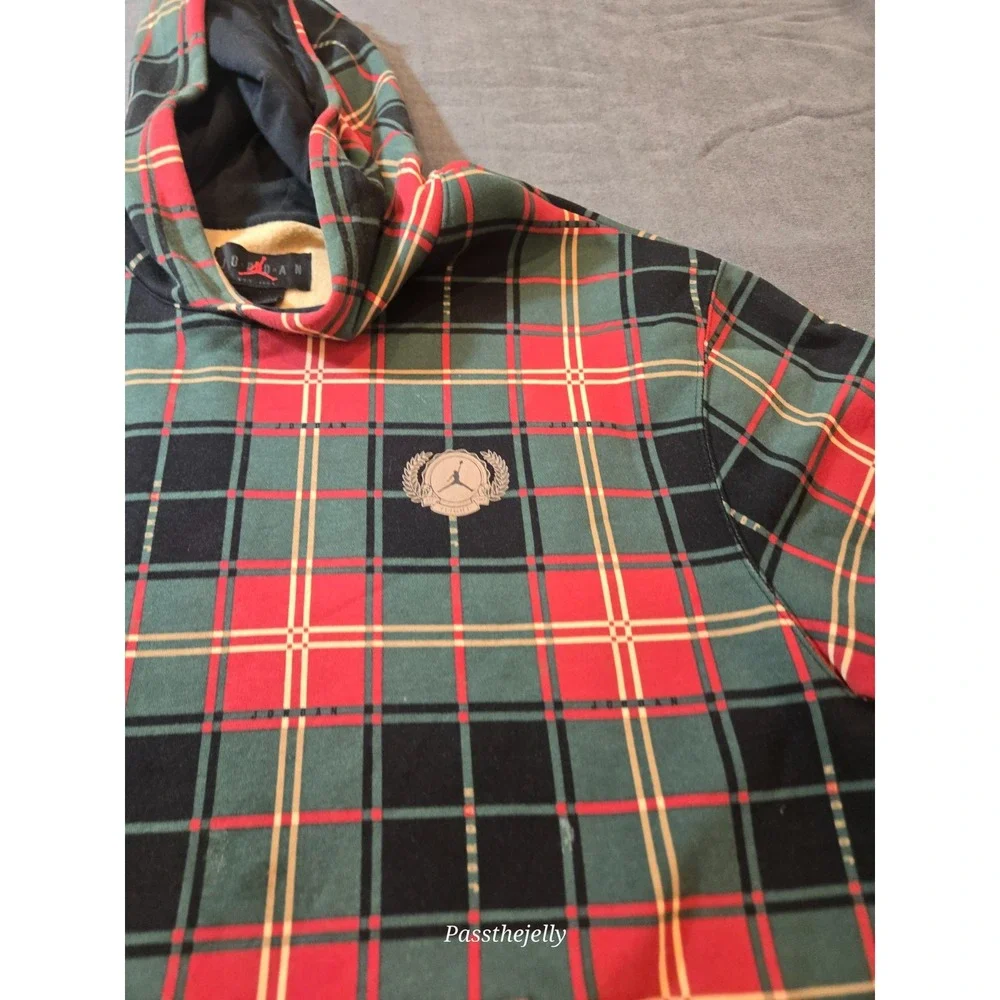 NIKE Jordan Essentials Fleece Pullover Hoodie Men XL Green Red Plaid '85 Jumpman